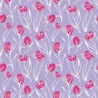 Seamless pattern with spring and summer colors. Sketch-style tulip, crocus and magnolia pattern, hand-drawn on blue background for unique packaging designs and flower shops. vector