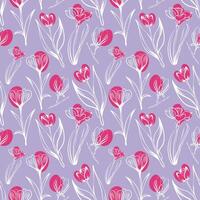 Seamless pattern with spring and summer colors. Sketch-style tulip, crocus and magnolia pattern, hand-drawn on blue background for unique packaging designs and flower shops. vector