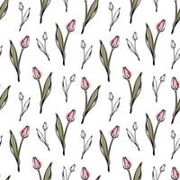 Seamless pattern with spring and summer colors. Sketch-style tulip pattern, hand-drawn on white background for unique packaging designs and flower shops. vector