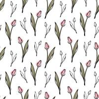 Seamless pattern with spring and summer colors. Sketch-style tulip pattern, hand-drawn on white background for unique packaging designs and flower shops. vector