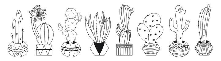 conjunto de cactus en ollas en el garabatear estilo, pintado por mano. el colorante página. contorno de cactus con Clásico ollas para colorante o único diseño. negro y blanco. vector