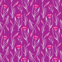 Seamless pattern with spring colors. Sketch-style tulip and narcissus pattern, hand-drawn on violet background for unique packaging designs and flower shops in vintage style vector