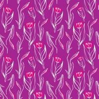 Seamless pattern with spring colors. Sketch-style tulip and narcissus pattern, hand-drawn on violet background for unique packaging designs and flower shops in vintage style vector