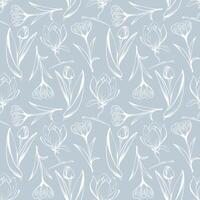 Sketch-style tulip, magnolia and crocus pattern, hand-drawn on blue background for unique packaging designs and flower shops in vintage style. vector