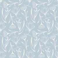 Sketch-style tulip, magnolia and crocus pattern, hand-drawn on blue background for unique packaging designs and flower shops in vintage style. vector