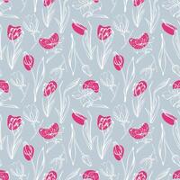 Seamless pattern with spring and summer colors. Sketch-style tulip, magnolia and narcissus pattern, hand-drawn on blue background for unique packaging designs and flower shops. vector