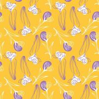 Seamless pattern with spring and summer colors. Sketch-style crocus and narcissus pattern, hand-drawn on yellow background for unique packaging designs and flower shops in vintage style vector