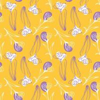 Seamless pattern with spring and summer colors. Sketch-style crocus and narcissus pattern, hand-drawn on yellow background for unique packaging designs and flower shops in vintage style vector