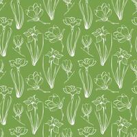 Seamless pattern with spring and summer colors. Sketch-style magnolia and narcissus pattern, hand-drawn on green background for unique packaging designs and flower shops. vector