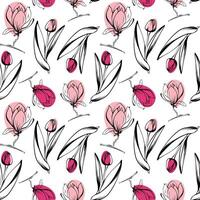 Seamless pattern with spring and summer colors. Sketch-style magnolia and tulips pattern, hand-drawn on white background for unique packaging designs and flower shops in vintage style vector