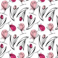 Seamless pattern with spring and summer colors. Sketch-style magnolia and tulips pattern, hand-drawn on white background for unique packaging designs and flower shops in vintage style vector