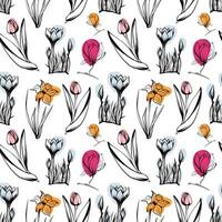 Seamless pattern with spring and summer colors. Sketch-style flowers pattern, hand-drawn on white background for unique packaging designs and flower shops in vintage style vector