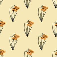 Seamless floral pattern in vintage style. Silhouette of narcissus flower on yellow background for wrapping paper, background, textiles. Spring and summer collection vector