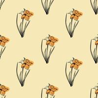 Seamless floral pattern in vintage style. Silhouette of narcissus flower on yellow background for wrapping paper, background, textiles. Spring and summer collection vector