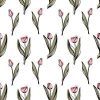 Seamless pattern with spring and summer colors. Sketch-style tulip pattern, hand-drawn on white background for unique packaging designs and flower shops. vector