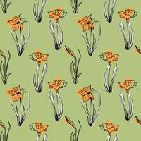 Seamless floral pattern in vintage style. Silhouette of narcissus flower on green background for wrapping paper, background, textiles. Spring and summer collection vector