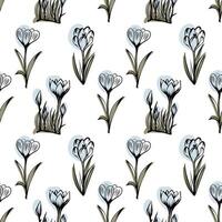 Seamless pattern with spring and summer flowers. Sketch-style crocus pattern, hand-drawn on white background for unique design of packaging and flower shops. vector