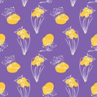 Seamless pattern with spring and summer colors. Sketch-style magnolia and narcissus pattern, hand-drawn on violet background for unique packaging designs and flower shops in vintage style vector