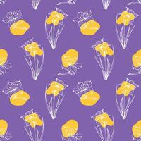 Seamless pattern with spring and summer colors. Sketch-style magnolia and narcissus pattern, hand-drawn on violet background for unique packaging designs and flower shops in vintage style vector