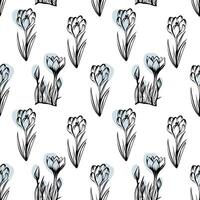 Seamless pattern with spring and summer flowers. Sketch-style crocus pattern, hand-drawn on white background for unique design of packaging and flower shops. vector