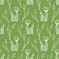 Seamless pattern with spring and summer colors. Sketch-style crocus and tulips pattern, hand-drawn on green background for unique packaging designs and flower shops in vintage style vector