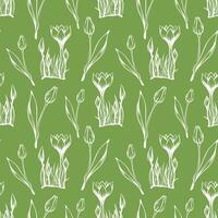 Seamless pattern with spring and summer colors. Sketch-style crocus and tulips pattern, hand-drawn on green background for unique packaging designs and flower shops in vintage style vector