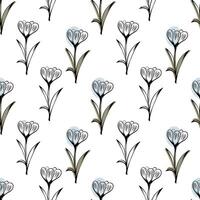 Seamless pattern with spring and summer flowers. Sketch-style crocus pattern, hand-drawn on white background for unique design of packaging and flower shops. vector