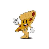 A cartoon pizza character is standing on its right foot and pointing to the left vector