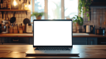 AI generated Laptop with blank display on a modern kitchen counter. Mockup image. png