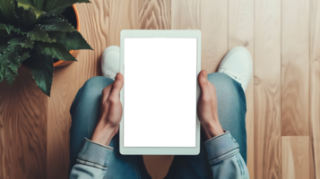 AI generated First Person View of Woman Using Tablet with Transparent Display png