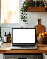 AI generated Laptop with blank display on a modern kitchen counter. Mockup image. png