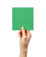 ai gegenereerd hand- Holding blanco groen papier kaart Aan transparant achtergrond png