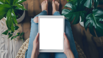 AI generated First Person View of Woman Using Tablet with Transparent Display png