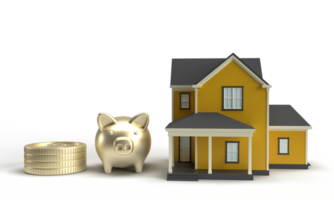 piggy coin golden yellow orange color home house real estate apartment hotel condominium debt financial investment budget money economy tax currency loan wealth cash income credit financial.3d render png