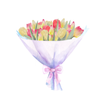 Watercolor illustration of a bouquet of colorful tulips. Bouquet of handmade tulips. Spring greeting card concept. png