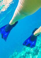 nadando submarino con azul aletas en el coral arrecife Maldivas. foto