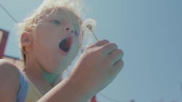 Girl blowing dandelion seeds in slow-motion video