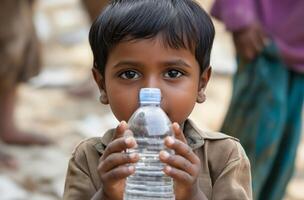 ai generado indio chico participación agua botella foto