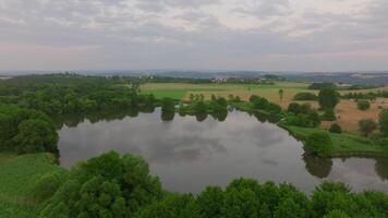 Aerial footage of serene German lake at twilight video