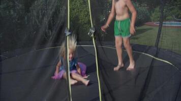 Kids playing on trampoline viewed through safety net video