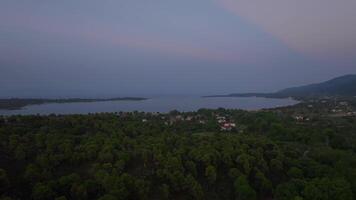 crepúsculo sobre costeiro Vila e pinho floresta video