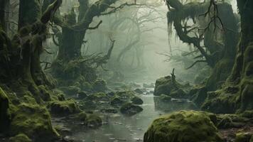 AI generated A serene stream flows effortlessly through a vibrant and lush green forest, A misty, serene swamp dotted with gnarled trees and moss-covered rocks, AI Generated video