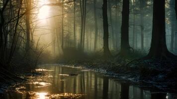 AI generated A captivating image of sunlight filtering through the dense foliage of a forest, illuminating the surroundings, A mysterious forest in the misty dawn, AI Generated video