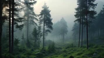 ai generato un' mozzafiato Visualizza di un' nebbioso foresta pieno con innumerevoli alberi, un' misterioso foresta nel il nebbioso alba, ai generato video
