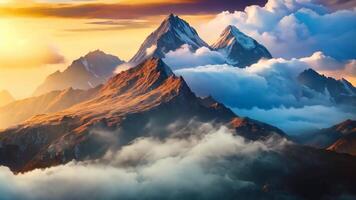 ai gegenereerd een voortreffelijk schilderij vastleggen de majesteit van een berg, reeks tegen een backdrop van pluizig wolken, een nevelig berg reeks met de zonsopkomst verlichte in de achtergrond, ai gegenereerd video