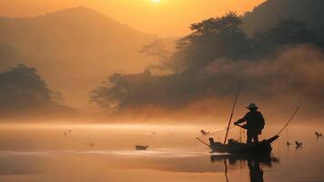 AI generated A man stands confidently on a boat in the serene center of a crystal-clear lake, fisher fishing on foggy sunrise, AI Generated video