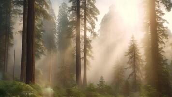 ai généré mystérieux forêt dans le Matin avec brouillard et rayons de soleil, de bonne heure Matin brouillard enveloppant une imposant, ancien forêt, ai généré video