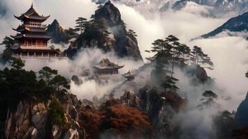 ai généré une frappant image de une magnifique Montagne avec une pagode sur ses culminer, une Montagne temple perdu dans le brouillard, ai généré video