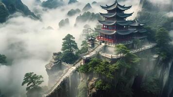 AI generated A stunning and serene image showcasing a grand building perched atop a mist-covered mountain, A mountain temple lost in the fog, AI Generated video