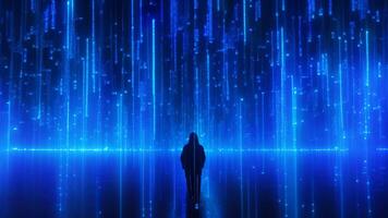 AI generated Man in front of a binary code on a dark blue background, Electric blue binary code rain, AI Generated video